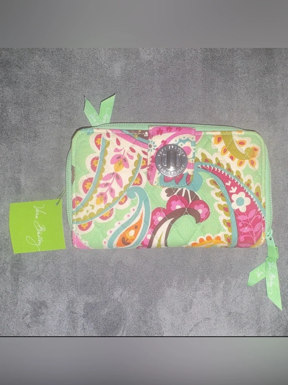 NWT Vera Bradley's Mint Retired Tutti Fruttii Turn Key Paisly Quilted Zip Wallet